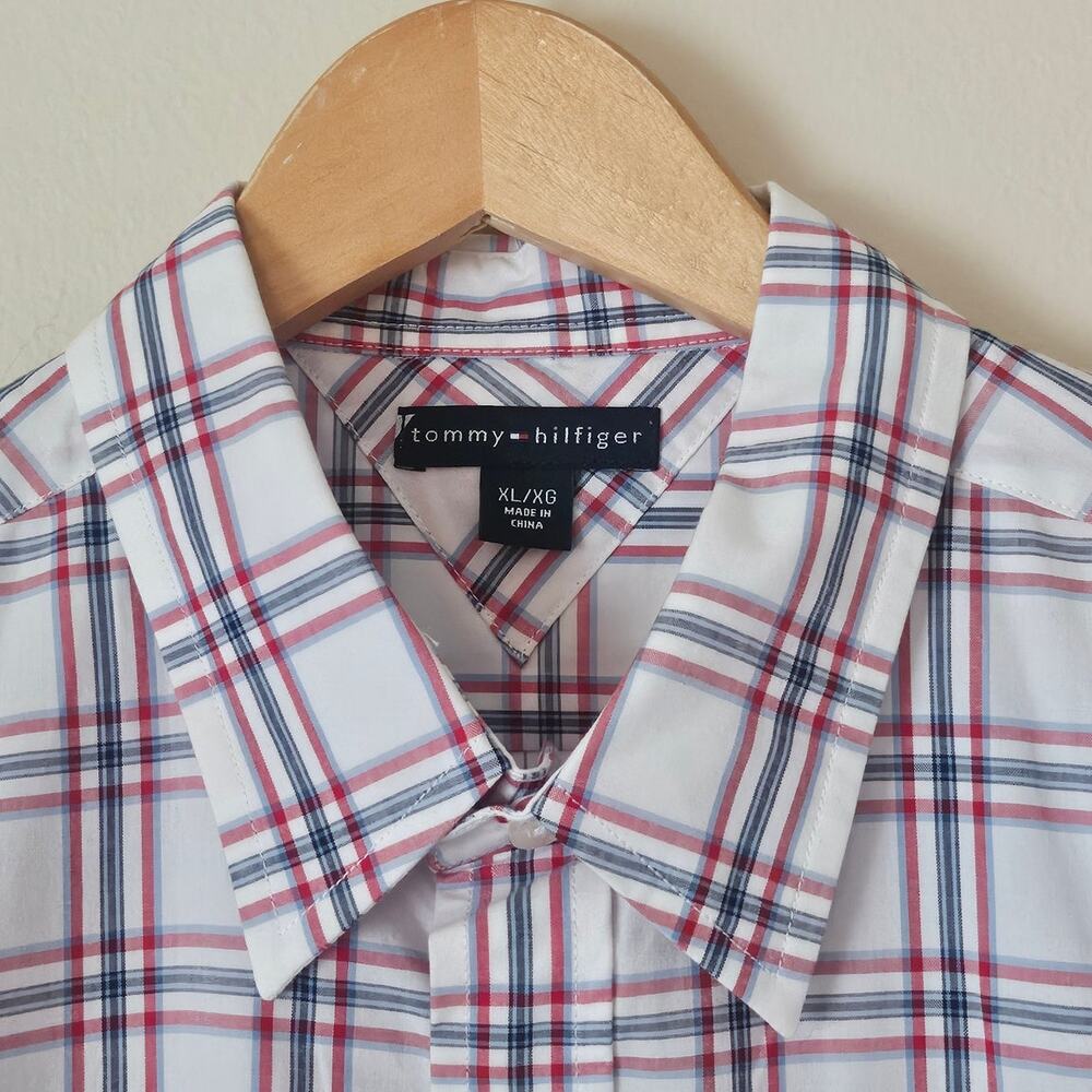 Tommy Hilfiger Red White Blue Plaid Button Down Shirt Cotton Men's Preppy XL